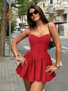 Vestido sin mangas con decoración de botones en corte evasé para mujer, de verano - Rojo - Ver 3