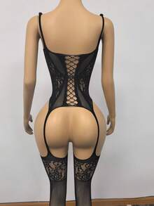 Sexy Lingerie Set, Includes Lace Sheer Mesh Jumpsuit, Garter Belt Bodystocking, Suspender Stockings Jumpsuit, Without Panties, Stretchy Alluring Women's Sexy Outfit - Black - View 5