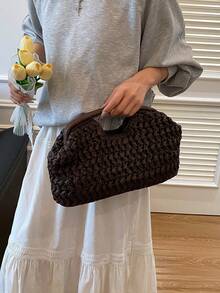 女士时尚镂空度假编织手提包沙滩包 - 咖啡 - 查看 7