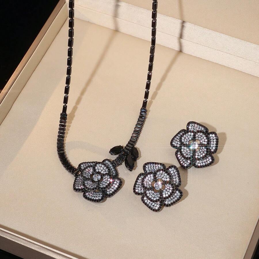 1 Set de joyería de lujo con zirconia brillante totalmente engastada en forma de lágrima rosa, accesorios para vestido de gala de boda - Multicolor - Ver 1