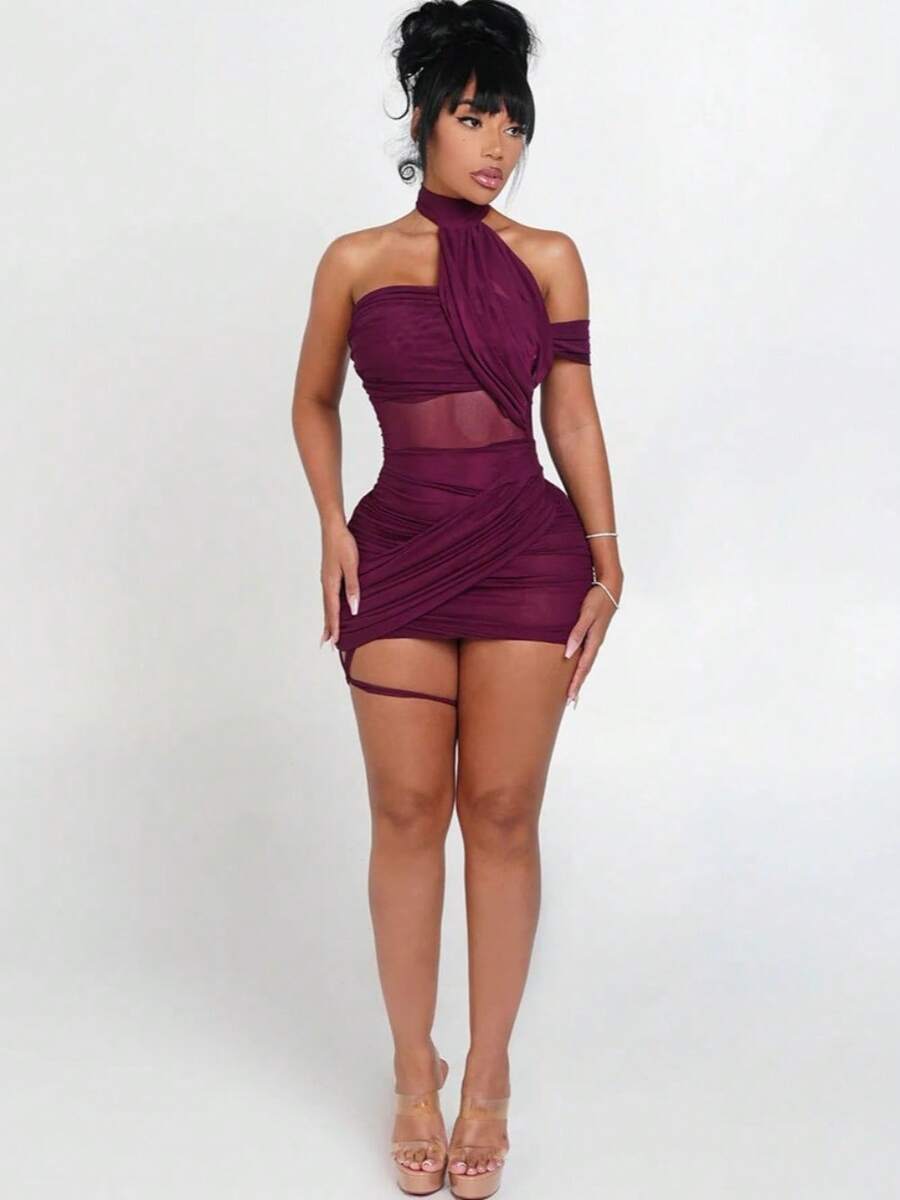 Sexy And Thin Summer Solid Color Mesh Stitching Personalized Street High Waist Slim Hip Dress - 酒紅色 - 查看 1