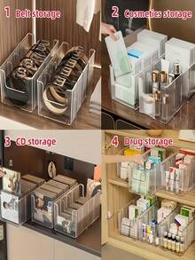 4-Grid Large Capacity Transparent Plastic Storage Box With Dividers, Includes 3 Removable Dividers. Desktop Makeup Organizer Box - High Capacity Multi-Function Storage Box For Belts, Cosmetics, Vanity Accessories - Multicolor - View 6