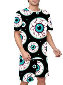 Ensemble de pyjama d'été pour hommes avec imprimé graffiti, composé d'un t-shirt doux et respirant à col rond et d'un short avec taille élastique. Vêtements de nuit confortables, vêtements de détente décontracté, un cadeau idéal pour un mari ou un petit ami. - Couleurs mélangées - Voir 3