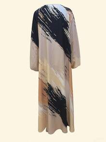 Artistic Brushstroke Print Abaya, Women Long Sleeve Robe Vacation Spring - Yellow - View 4