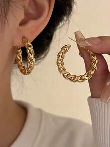 Retro Woven Textured Hoop Earrings, Metallic High-End Fashionable Versatile Earrings - Multicolor - View 9