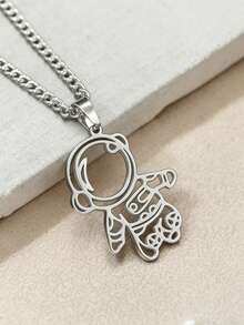 2 piezas Conjunto de collar con colgante de astronauta y planeta de acero inoxidable hueco, regalo para parejas - Plateado - Ver 3