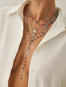 4pcs/Set Bohemian Style Rhinestone Inlaid Cross, Coin, Badge Pendant Y-Necklace, Luxury Elegant Daily Casual, Party, Couple Date, Women's Festival Birthday Versatile Jewelry Gift - Necklace - View 10