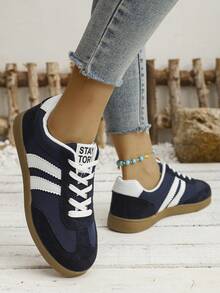 女士复古休闲运动跑步鞋，平底运动鞋，硫化鞋，厚底运动鞋，粉色橡胶底鞋，永不过时，舒适度高，女士必备单品 - 寶藍色 - 查看 6