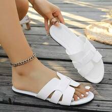 Women's Fashion H-Strap Design Faux Leather Flat Slide Sandals - White - View 6
