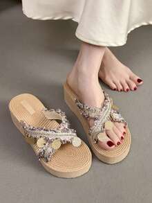 New Woven Bottom Women Shoes, Glitter Tassel Criss-Cross Sandals, Retro Ladies Slippers, Summer Beach Holiday First Choice - Camel - View 6