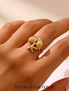 Women's Stainless Steel Starfish & Shell Combination Adjustable 18K Gold Plated Waterproof Elegant Ring, Suitable For Summer Beach, Wedding, Travel, Best Friend Birthday Gift - Multicolor - View 4