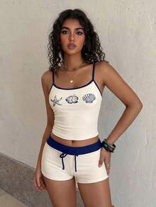 Women's Beach Vacation Shell Print Camisole Tankini Swimsuit Set - Beige - View 4