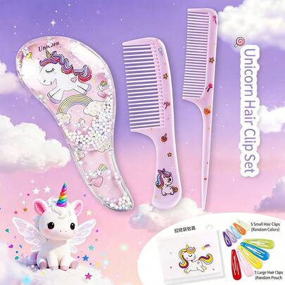 Bộ lược chải tóc hoạt hình dễ thương, lược chải tóc hình kỳ lân tạo độ phồng, chống tĩnh điện, thích hợp cho tóc dài và chăm sóc tóc tại nhà.