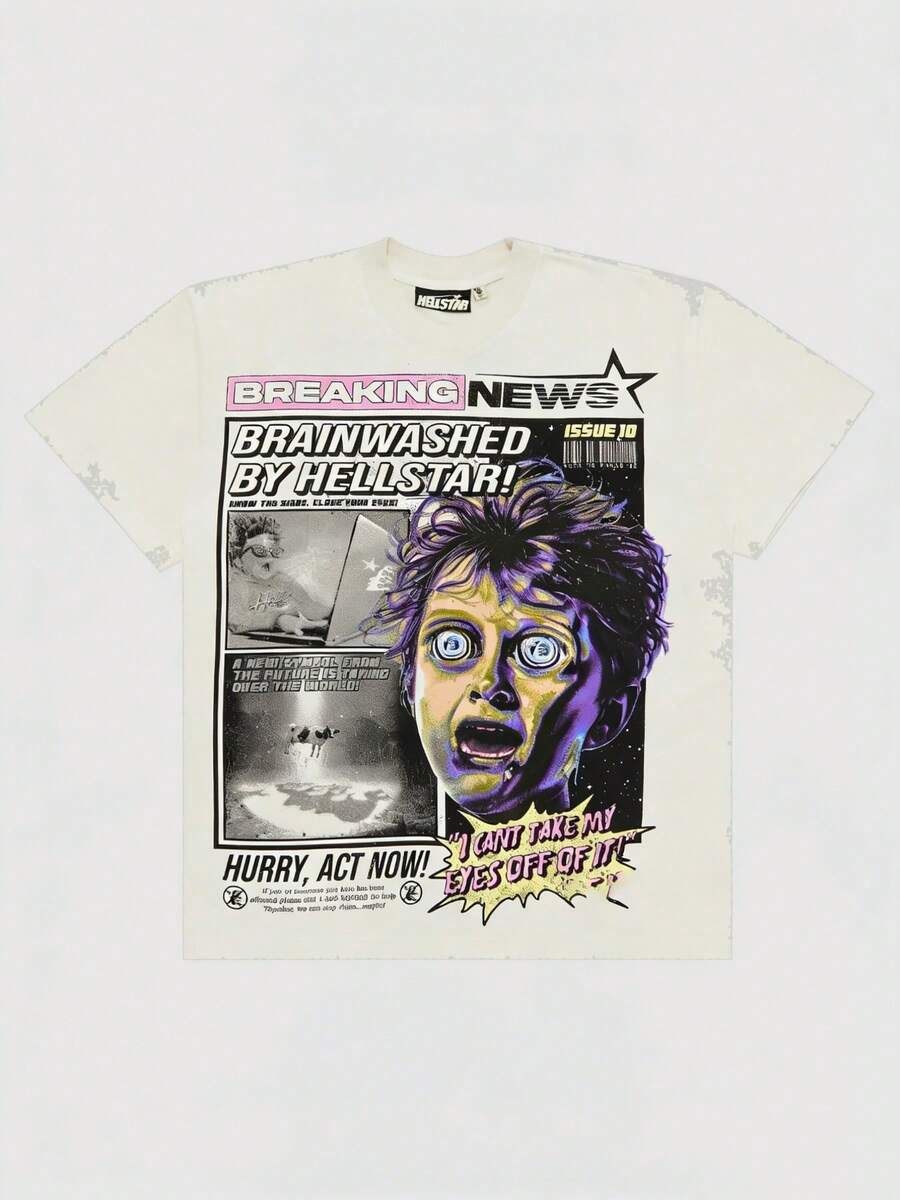 Hellstars Breaking News Brainwashed By Hellstars Y2K Graphic T-Shirt,220g 100% Cotton,Round Neck Short Sleeve,Cream Streetwear Essential,Unisex Style - 白色 - 查看 1