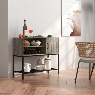  COSTWAY Sideboard Buffet Cabinet, Coffee Bar Cabinet With Wine Racks And Storage Shelves, Kitchen Storage Cabinet, Wooden Console Table With Heavy Duty Metal Frame For Dining Room, Living Room, Entryway, Grey