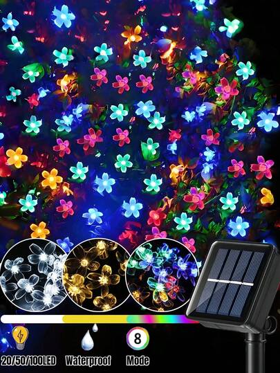 20/50/100颗LED太阳能花园灯串 - 8种闪烁模式，防水仙女灯，户外花形灯串，适用于花园、露台、庭院、围栏、圣诞树装饰，营造梦幻般的照明氛围 - 耐候性强，易于安装，适用于婚礼、派对、家居、草坪和节日、复活节装饰