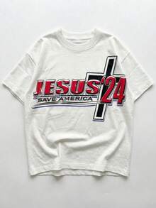 男士街头风图案T恤，宽松复古“耶稣”印花T恤，仿棉复古上衣，嘻哈美学夏季服装 - 彩色 - 查看 5