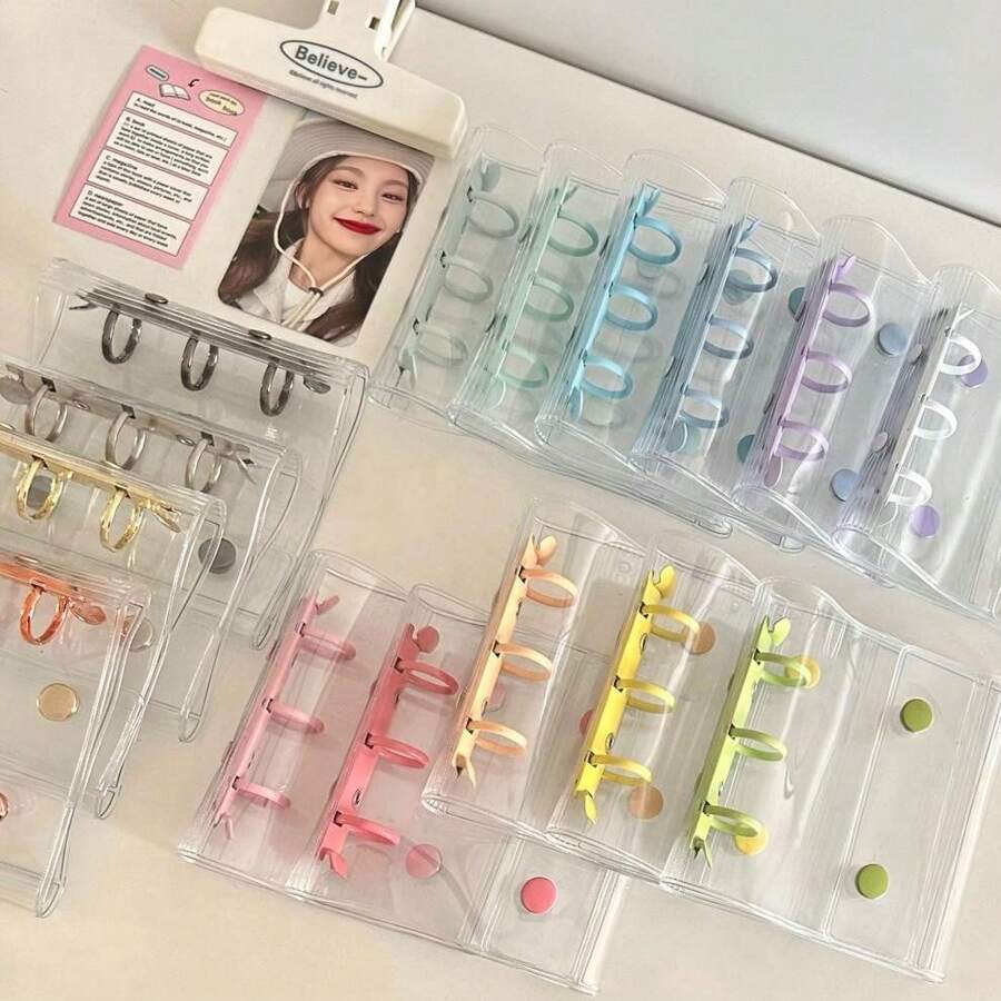 Organizador minimalista transparente con doble hebilla, tarjetero A8 de ranura única y mini carpeta de 3 anillos de 3 pulgadas - Multicolor - Ver 1