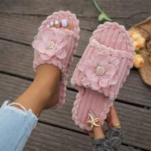 Women's Slip-On Slippers, Solid Pink Fairy Fabric Applique, Fashionable Casual, Open Toe, Spring 2026 New Arrival - Pink - View 1