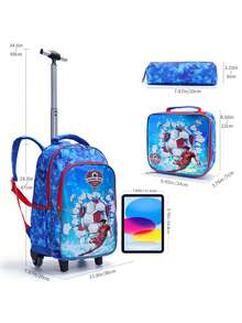 BLING BABIES Set de 3 piezas: Mochila con ruedas para niños, mochila escolar primaria con bolsa de almuerzo y estuche de lápices con diseño de fútbol de dibujos animados en color azul cielo, versión luminosa - Azul cielo - Ver 3