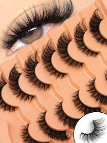 7对/包 自然蓬松仿貂毛假睫毛，迷人凌乱毛绒假睫毛，8D纤长浓密假睫毛，狐狸眼提拉妆效，整条假睫毛，睫毛嫁接 - 黑色 - 查看 3