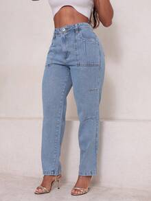 Calça Jeans Feminina Cintura Alta Utility Fit Azul Claro - Lavagem clara - Visão 5