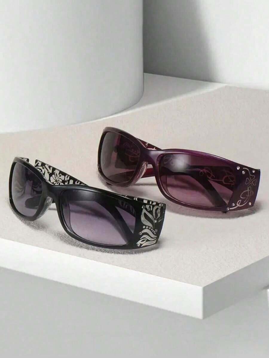 Y2K Floral Embossed Mini Square Fashion Eyeglasses, Suitable For Daily Wear & Parties - 黑色 - 查看 1