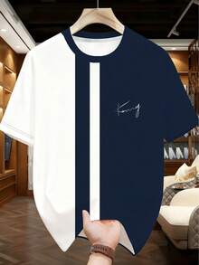 Bộ 2 món dành cho nam cỡ lớn, màu xanh navy và trắng phối tương phản, áo thun ngắn tay và quần short, thương hiệu King Embroidery, trang phục thể thao mùa hè. - Màu xanh lam - Xem 3
