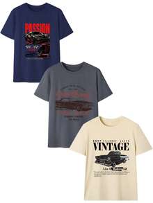 3件套夏季新款简约趣味赛车字母印花组合，休闲圆领短袖T恤，时尚百搭女式上衣 - 深灰和藏青和杏色 - 查看 2