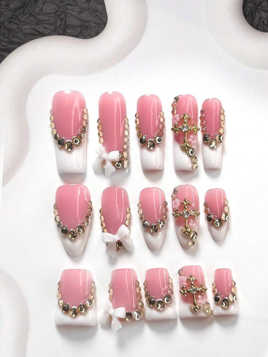 10pcs Luxury Heir Acrylic Nail Art Kit, Includes Champagne Rhinestones, White 3D Bow, Golden Cross, White Nail Polish, Nail Tools (1 Jelly Sticker + 1 Nail File), Almond & Oval Nail Shapes, Suitable For Daily, Party, Photo Shoot, Office Occasions Press On Nails - 彩色 - 查看 1