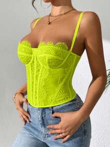 1件蕾丝胸衣束身衣上衣，女士性感外出派对夜店上衣，带搭扣，休闲夏季款 - 螢光黃 - 查看 2