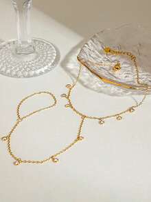 1件时尚18K镀金不锈钢多锆石戒指链，百搭夏季海滩度假风 - 金色 - 查看 4