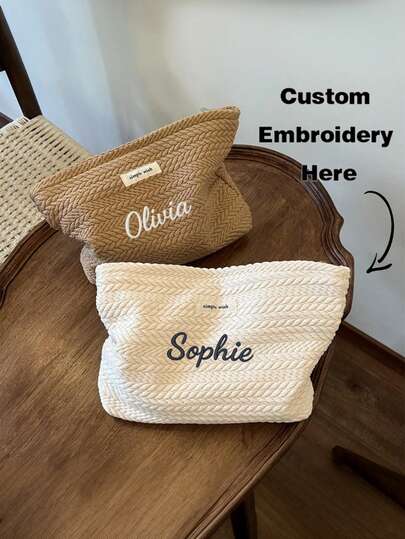 Bolso de tela con diseño de trigo bordado personalizado para mujeres, diseño minimalista elegante, bolsa de cosméticos de viaje, organizador de maquillaje de gran capacidad con cremallera, bolsa de almacenamiento diario portátil, regalo de moda, esencial de viaje