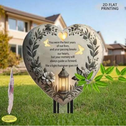 Light That Never Goes Out And Butterfly Heart-Shaped Memorial Garden Stake - 2D Flat Outdoor Holiday Decor, Cemetery Memorial Decor, Remembrance Gravestone Marker, Eternal Love And Blessing Memorial Gift, Memorial Stone Decor