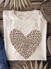 Selamara Leopard Print Heart Sequins White Casual Women's T Shirt - 白色 4 - 查看 7