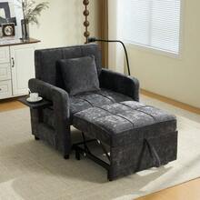 Two-In-One Sleeper Chair, Single Sleeper Sofa, Chenille Armchair (With Cushions And Side Pockets), With A Small Table On One Side And A Storage Bag On The Other, Complete - Dark Grey - View 1