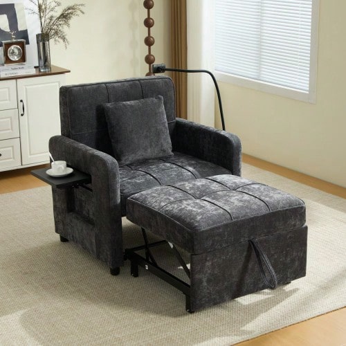 Two-In-One Sleeper Chair, Single Sleeper Sofa, Chenille Armchair (With Cushions And Side Pockets), With A Small Table On One Side And A Storage Bag On The Other, Complete