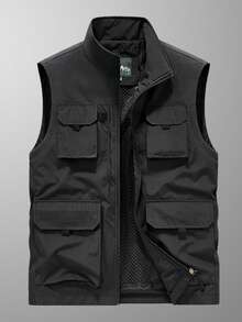 纯色无袖多口袋休闲实用背心，轻便百搭，适合日常穿着、摄影、户外活动、钓鱼、徒步、运动等场合，黑色夏季款 - 黑色 - 查看 1