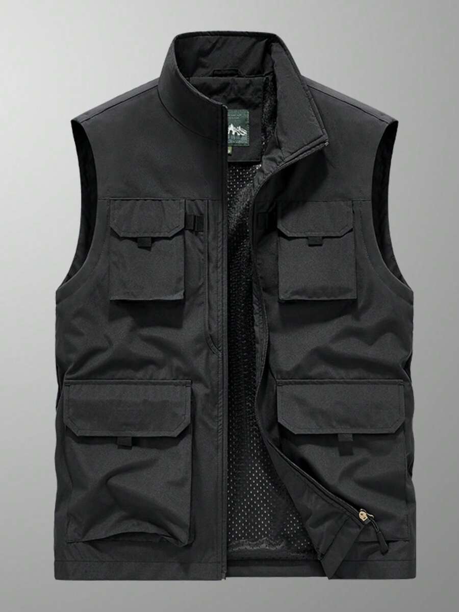 纯色无袖多口袋休闲实用背心，轻便百搭，适合日常穿着、摄影、户外活动、钓鱼、徒步、运动等场合，黑色夏季款 - 黑色 - 查看 1