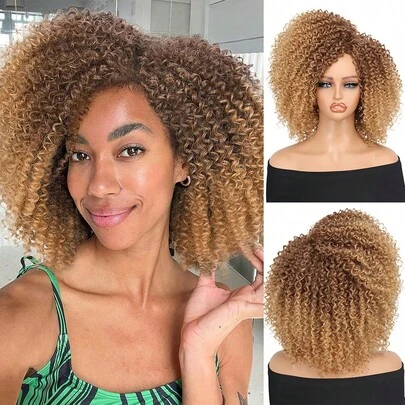 Curly Wigs For Black Women Spring Curl Side Part Wig 14 Inch Afro Kinky Curly Wig Machine Made Wigs Without Bangs Soft Synthetic Heat-Resistant Wigs