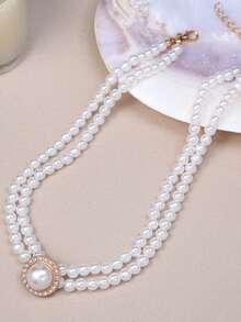 1条项链和1对耳环套装，椭圆形复古优雅奢华仿珍珠双层项链首饰套装，适合婚礼和度假佩戴 - 彩色 - 查看 5