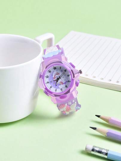 1个紫色卡通独角兽儿童夜光手表，硅胶表带石英腕表，创意女孩礼物