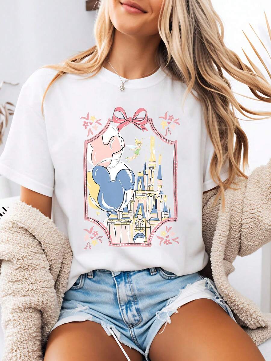 Disney-Style Women's Printed T-Shirt Featuring A Pink Cartoon Print Of A Magical Castle And Mickey Mouse Balloons. This Round-Neck Summer Top Is Crafted From Soft, Comfortable 100% Cotton Fabric, Perfect For Everyday Wear, Outdoor Activities, Or Shopping. It Also Makes An Ideal Choice For Women's Vacation Attire. - White - View 1