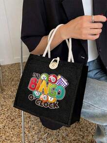2 Stücke/Set Casual Tragetasche Set, Muster mit "Es ist Bingo Uhr", inklusive Damen Handtasche und Geldbörse Set, Tragetasche und Münzbeutel, große Kapazität Damentasche, leicht mit großer Kapazität Shopper, wiederverwendbare Leinen Einkaufstasche, tragbare Reise Kosmetiktasche - Verschiedenfarbig - Übersicht 3