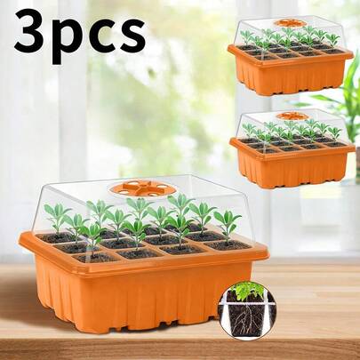 3pcs 12-Cell Orange Seedling Tray With Short Lid, Seed Germination & Seedling Cultivation, Heat & Moisture Retention, Independent Planting Grid, Transparent Short Cover For Physical Protection, Good Light Transmittance; Detachable Design For Easy Cleaning & Disinfection, Reusable; Suitable For Early Spring Or Indoor Seed Starting