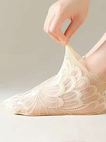 1/5/10 pares de calcetines de verano invisibles para mujer con patrón de encaje y plumas, antideslizantes, ultradelgados y cómodos, transparentes - Multicolor - Ver 4