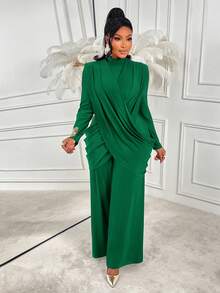 AIJ Amarilo Plus Size Sexy Round Neck Sheer Mesh Long Sleeve Wrap Jumpsuit - Suitable For Parties And Gatherings Spring - Dark Green - View 4