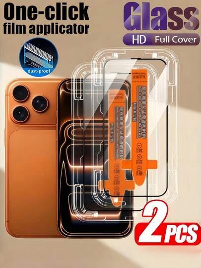 2片装超高清一键防尘安装钢化玻璃膜手机屏幕保护膜，兼容 17 Pro Max 17e 16 15 14 13 12 11全系列，防爆防刮，9H+高硬度铝合金丝网印刷，双层超硬玻璃工艺，带扬声器防尘网，易于安装的保护膜