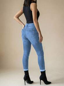 Women's High Waist Stretch Denim Jeans With Multi-Button Closure, Pockets & Vintage Wash Design Casual Elegant Outing Pants - 淺色水洗藍 - 查看 2
