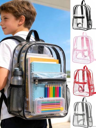 1 pieza Mochila transparente, bolsa de viaje de gran capacidad de PVC con correas de hombro acolchadas y bolsillos laterales, adecuada para niños, niños, niñas, escuela, eventos deportivos y otras actividades aprobadas